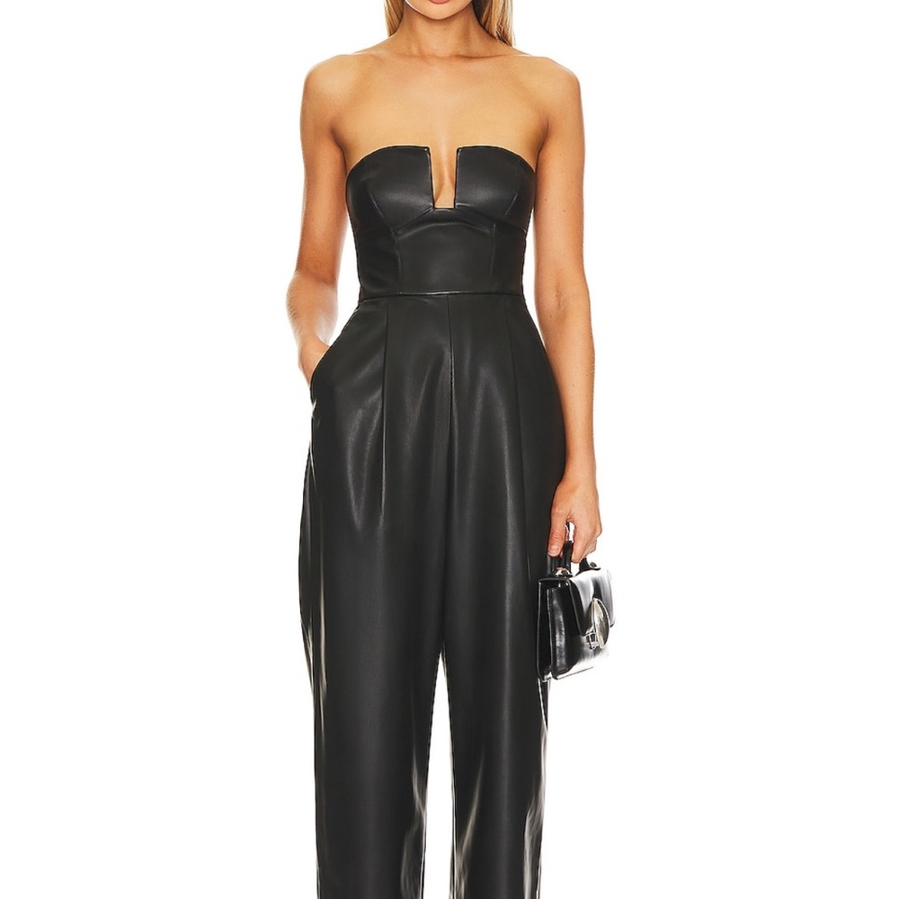Susana Monaco Black Strapless Faux Leather Jumpsuit